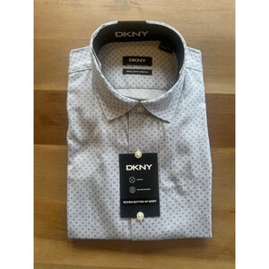 DKNY Mens Casual Button Down Shirt White Blue Geometric L